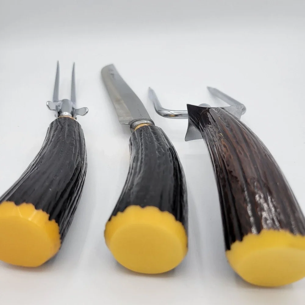 Burns 3 Piece Carving Set‎ Stag Horn Style Handles Vintage Kitchen Accessories